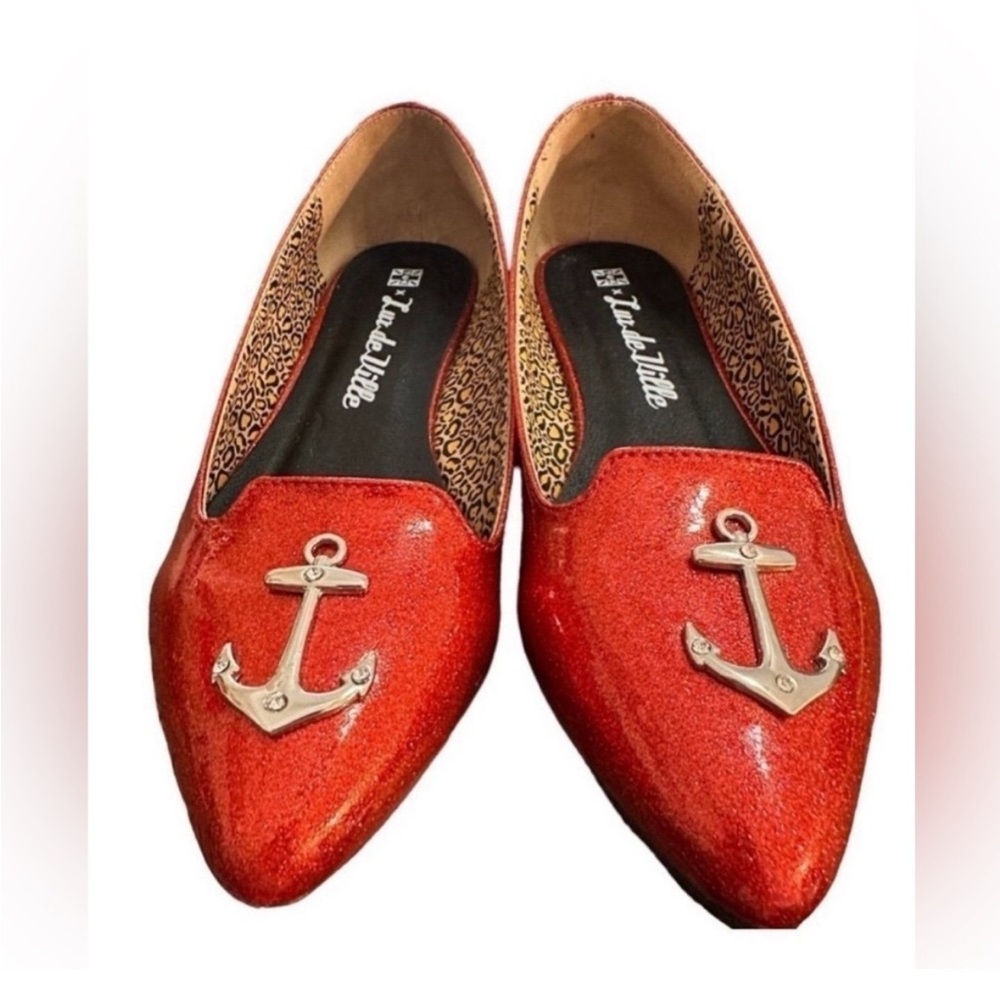 T.U.K. x Lux De Ville Ruby Red Anchor Glitter Flats